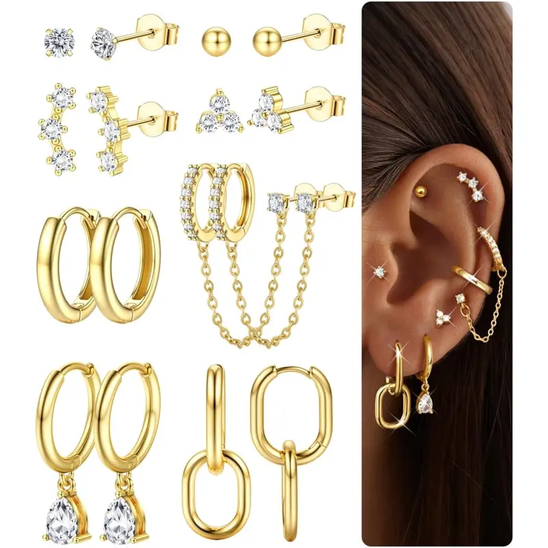 Aroncent 24PCS Stainless Steel Tiny Stud & Hoop Earrings Set - Small Ball, CZ Studs, Clicker Hoops For Tragus, Helix, Cartilage Piercing