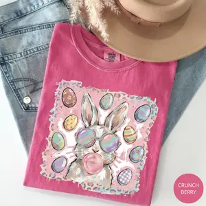 Comfor Colors Cool Bunny Easter T-shirt Retro Bubblegum Bunny With Sunglasses And Colorful Easter Eggs Gift Idea