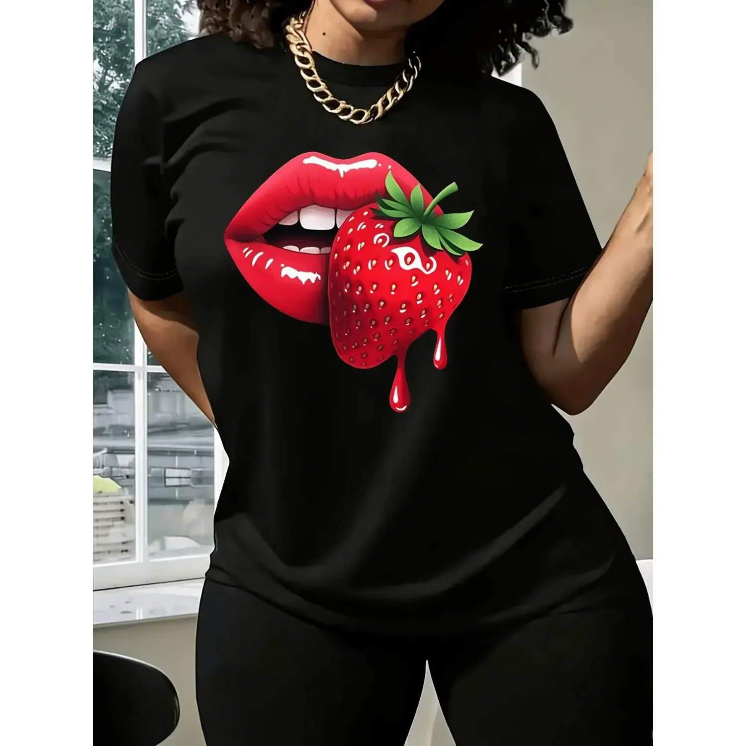 "Women S Casual T Shirt Featuring Strawberry Lip Print Comfortable Fit Short Sleeve Machine Washable Ideal for Spring Summer and Fall Perfect Gift for Sisters "