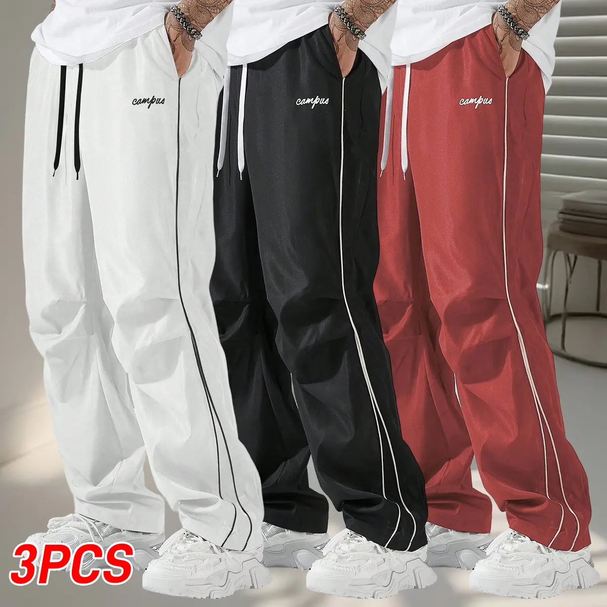 Men's Wide-Leg Golf Pants with Embroidered Side Stripe, Breathable Polyester Fabric with Drawstring Waist, Sun Protection, Casual, Activewear, Menswear, Athletic, Sportswear, Striped, Track Pants, Long, Polyester Clothes, Embroidery, Loose Fit