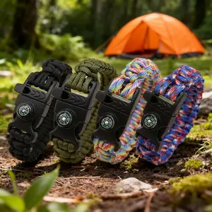 4pcs Men's Multi-Functional Paracord Bracelet, Nylon Wristband with Compass and Whistle, Outdoor Survival Gear, Perfect Gift for Halloween and Christmas