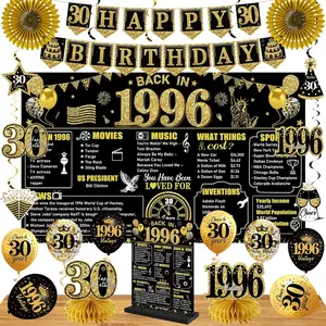21-Piece 30th Birthday Party Supplies Set,30th Birthday Decorations Kit for Men, 21PCS Black Gold Party Supplies - Back in 1996 Banner, Vintage 1996 Wooden Table Sign, Poster, Hanging Swirls, Balloons, Paper Fans, Cheers to 30 Years