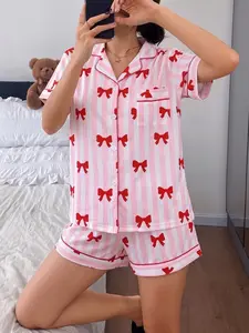 Women's 2-Piece Pink & White Striped Red Bow Print Pajama Set, Sweet Coquette Style Loungewear with Red Piping, Short Sleeve Lapel Top with Small Pocket & Elastic Waist Shorts, Soft Comfy All-Season Casual Sleepwear for Ladies