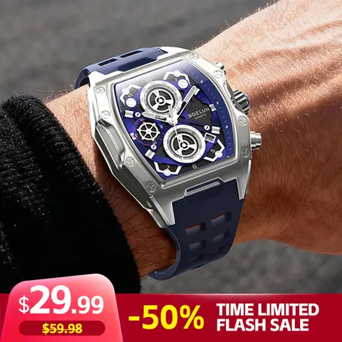BOZLUN Fashion Men's 45mm Analog Quartz Watch - Racing Style, 3D Gear Dial, 3ATM (30M - 50M) Waterproof, Wine Barrel Design, Silicone & Plastic Strap, Buckle Closure, Stopwatch, Calendar, Red-Black Contrast, Glowing Hands, Boyfriend Gift