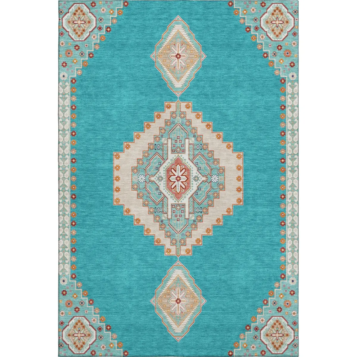 HomeRoots 679606 10x14 ft. Teal, Salmon & Beige Traditional Shape Oriental Motif Machine-Made Polyester Fiber Single Rectangle Area Rug - Living Room Decor, UV Protected, Machine-Washable Flat Pile Floor Covering