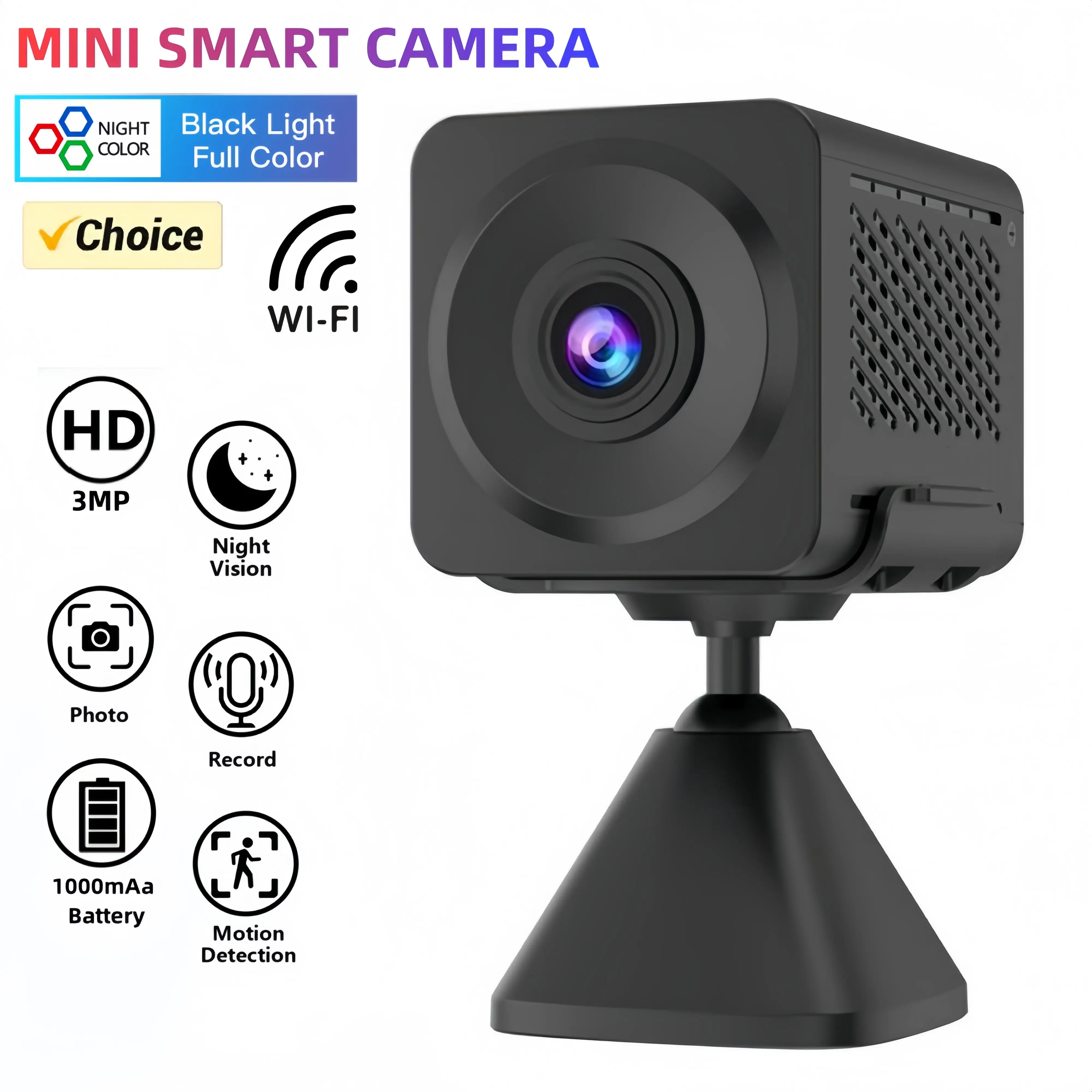 3MP HD Mini Camera Wifi Battery Camera -Black Light Full Color Night Vision - Long Life Battery- Indoor Safety Security Easy set- Baby Monitor Camcorder IP Cam Audio video Recorder