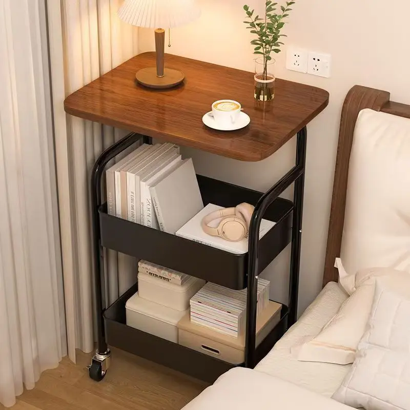 3-Tier Metal Rolling Utility Cart with Wooden Table Top, Home Organizer Storage Rack - 16"D x 8"W x 28"H