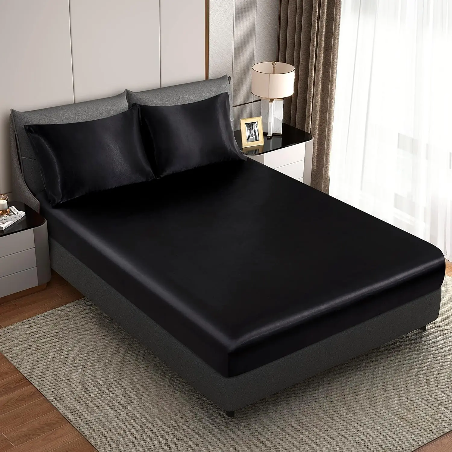 Black Silk Satin Twin Fitted Bed Sheet - Deep Pocket, Fully Elasticized, Non-Fading, Breathable Durable Silk Sheets for Twin Beds; Other Bedding Sold Separately, Breathable Durable Sheets, Bed Sheets