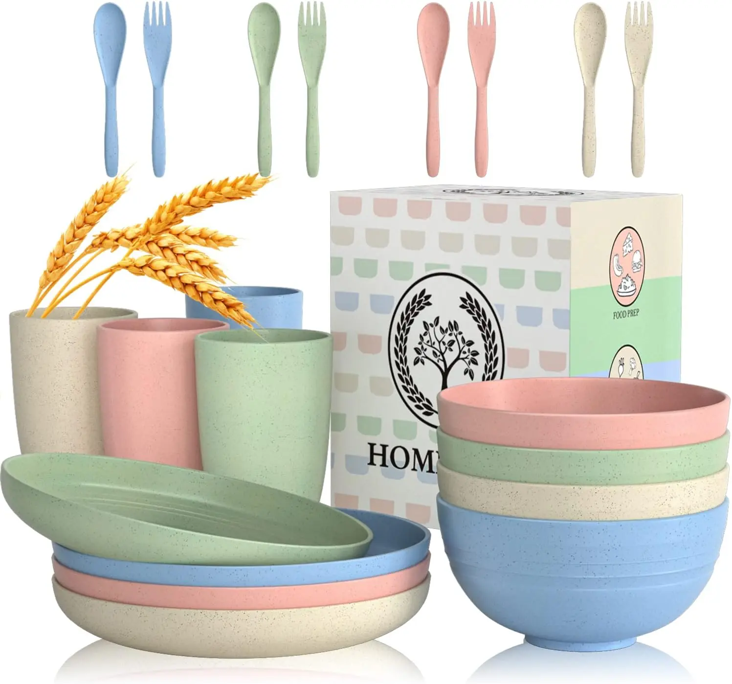 Homienly Wheat Straw Dinnerware Sets 20 PCS Cups and Plates Sets for Kitchen Microwave and Dishwasher Safe Plate Set Unbreakable Camping Dish Set Kids Plates and Bowls Sets for Picnic, RV (Multilight)
