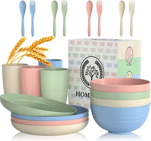 Homienly Wheat Straw Dinnerware Sets 20 PCS Cups and Plates Sets for Kitchen Microwave and Dishwasher Safe Plate Set Unbreakable Camping Dish Set Kids Plates and Bowls Sets for Picnic, RV (Multilight)