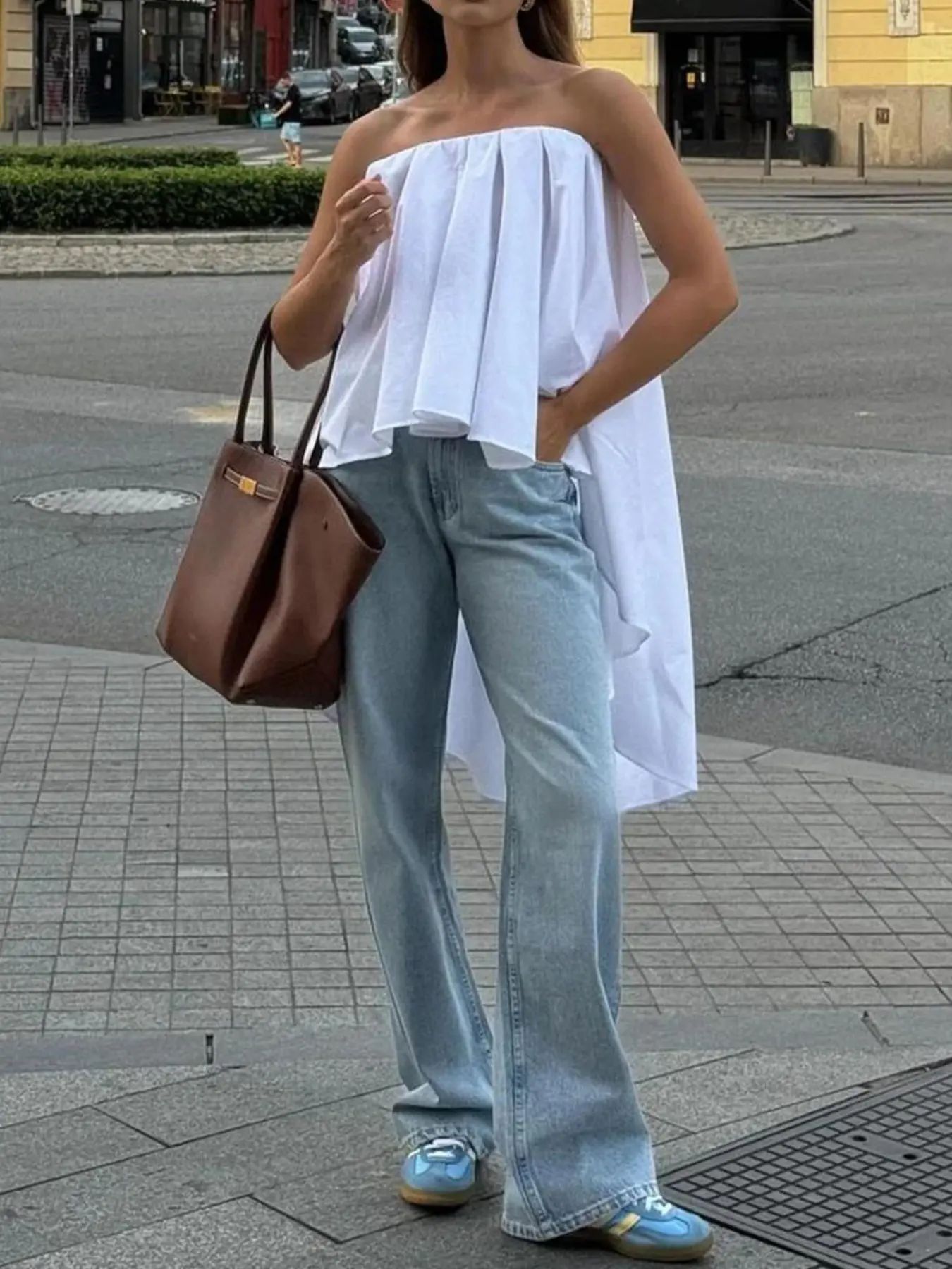 Single Piece Solid Color One-Shoulder Loose Comfortable Lightweight Strapless Top, Chic Summer Office Commute Wear, Casual Daily