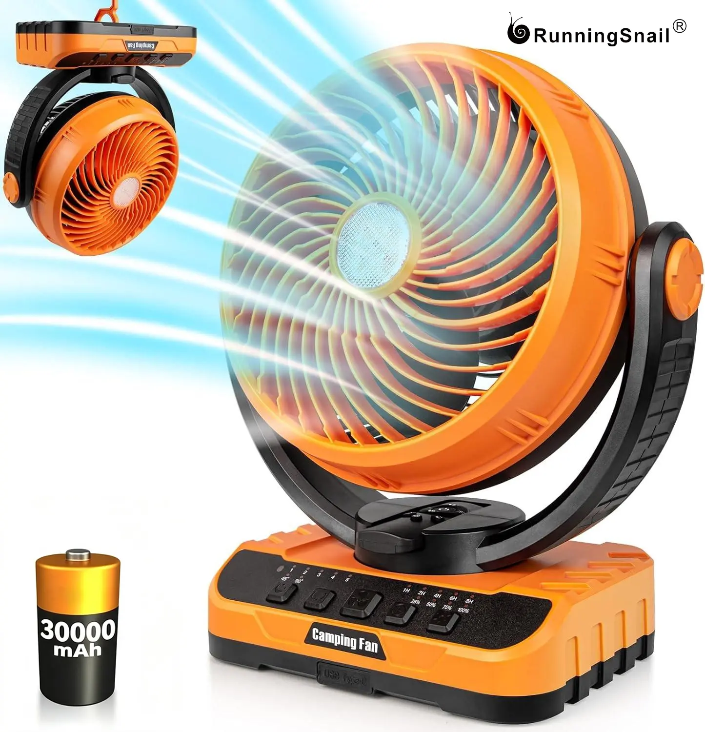 Cordless Rechargeable Portable Cooling Camping Fan with LED Light, Remote Control, Auto Oscillation, Timer, Hanging Hook - Adjustable USB Solar-Powered Fan for Camping, Power Outages, Cordless Fan