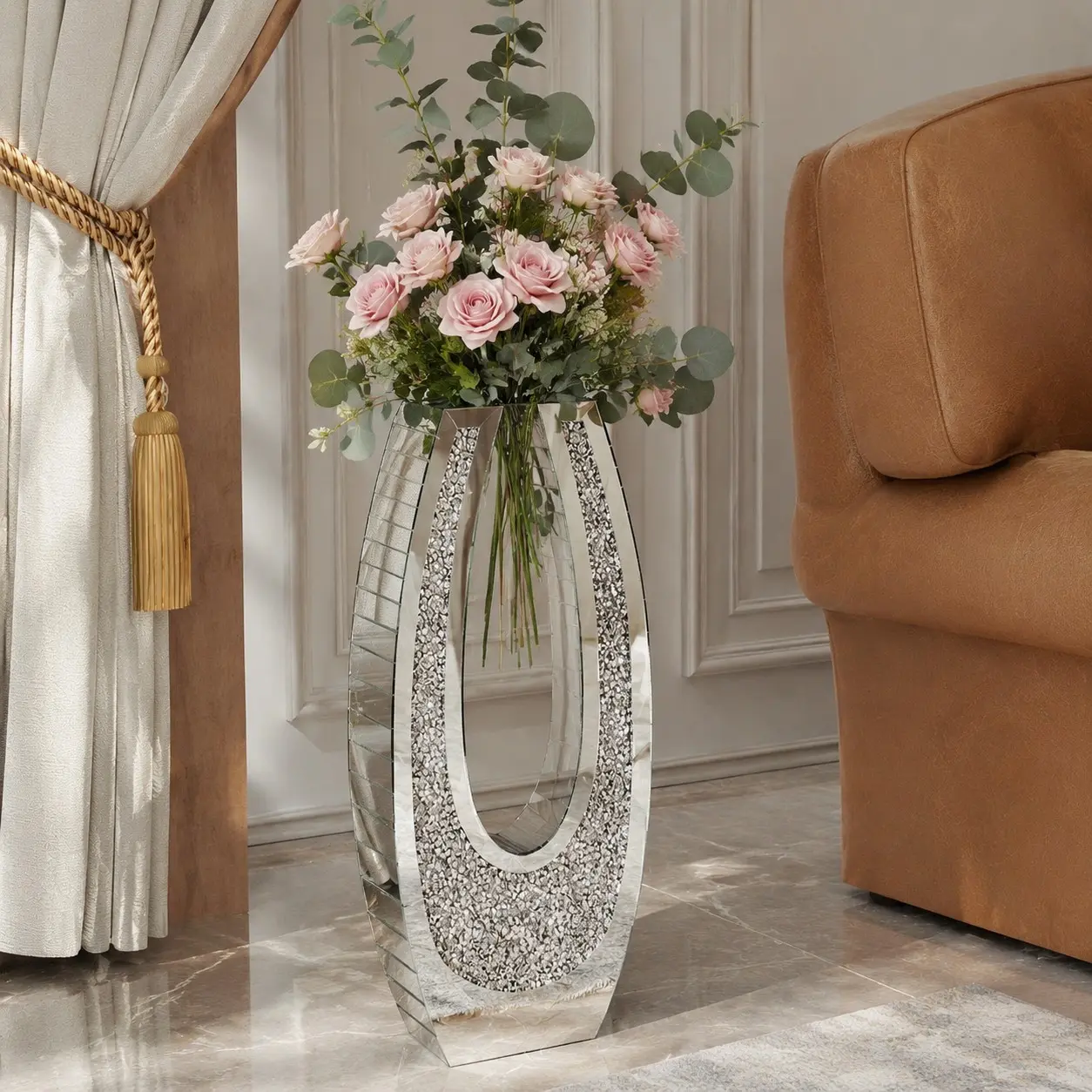 Littleox Luxury Shattered Diamond Mirror Finish U-Shape Floor Vase, Tall Silver Tempered Crystal Glass Standing Decor Vase 24.01 Inches, Elegant Display Ornament for Indoor Living Room, Corner and Hallway