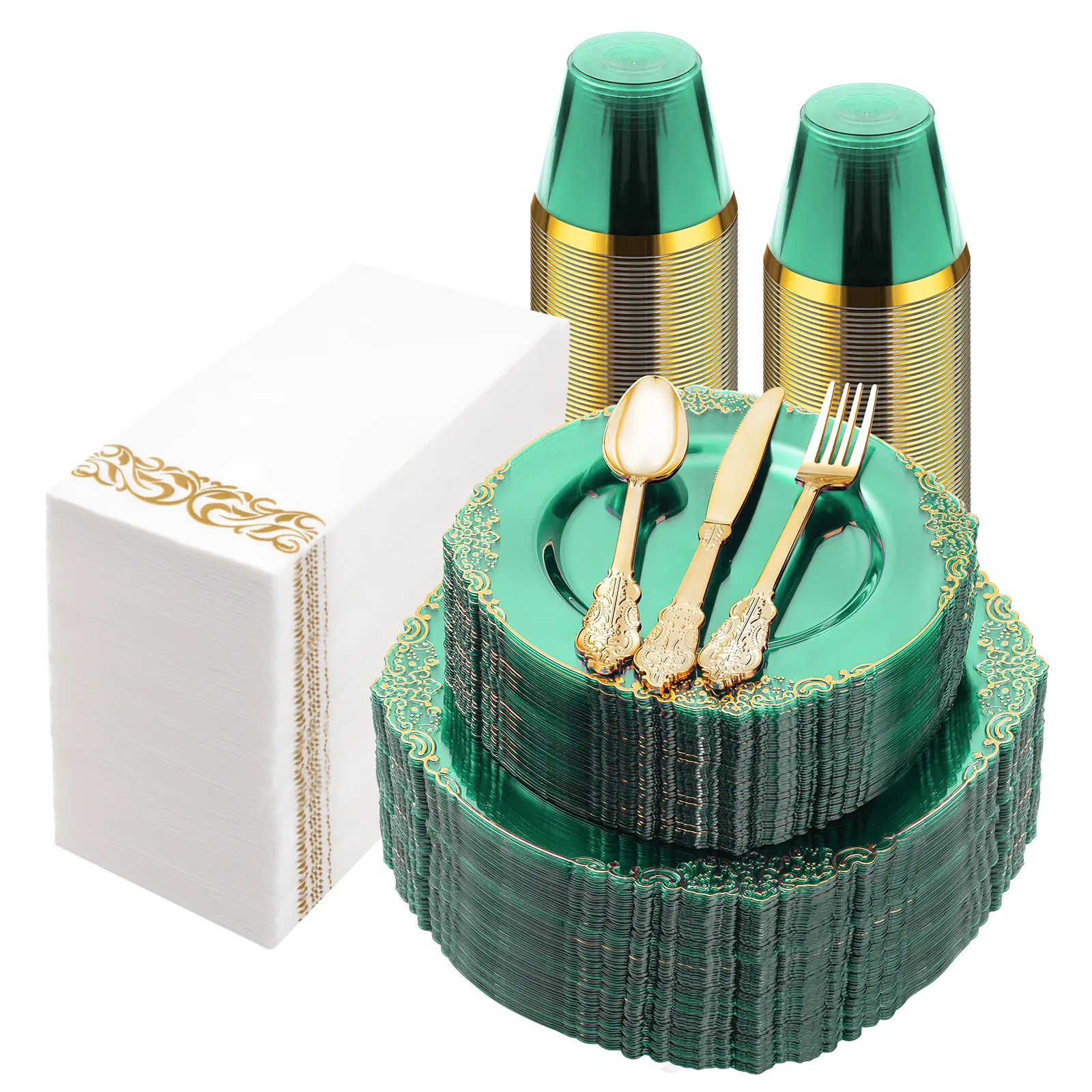 350-Piece Elegant Disposable Tableware Set - Green Gold Trim Party Plates, Gold Plastic Dinnerware, Silverware with Knives, Cups, Napkins, Thickened BPA-Free PP Plastic, High-Quality for Weddings, Birthdays, Thickened Pp Plastic