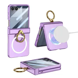 For Samsung Galaxy Z Flip 7 5G For MagSafe Magnetic Phone Case w/ Front Screen Protector and Ring Kickstand & Hinge Protection