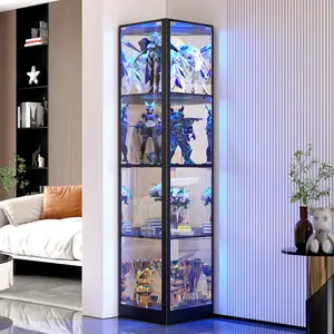 Corner Display Cabinet with Glass Doors- 68" 4-Tier Curio Cabinets with LED Lights, Display Case for Collectibles, Toys, Books, Figurines