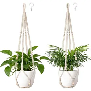 Macrame  Hanger Set of 2 Indoor Outdoor  Planter with  Beads Decorative and 2 Hooks Flower Pot  Holder No Tassels for Boho  Decor, 35 Inch, (Pots Not Included)