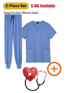 Men's Multi Color Beauty Work Clothes Set 2-piece Doctor Uniform Pharmacy Pocket Top Pants Hospital Nursing Clothes with Brooch