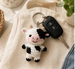 Cow Crochet Keychain, Handmade Highland Cow Plush Charm, Cute Amigurumi Farm Animal Keyring, Kawaii Cow Bag Accessory, Cow Lover Gift