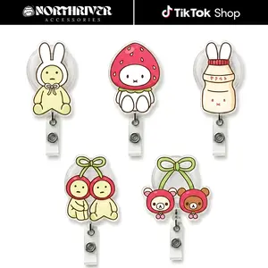 Cute Smiski Bunny Strawberry Cherry Badge Reel Retractable Set Kawaii Cartoon Acrylic ID Card Holder For Nurses Teachers Students Office Accessories