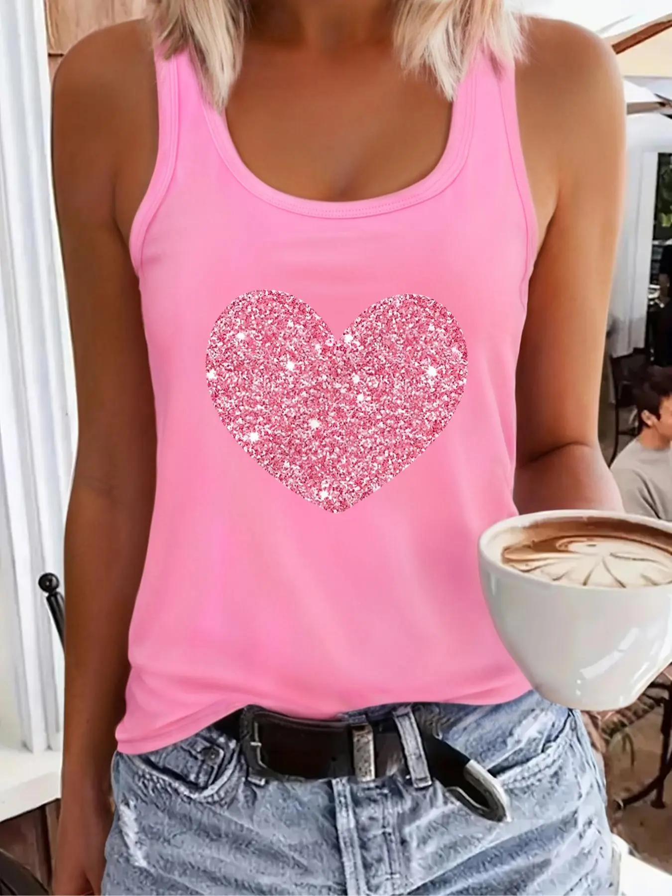 Women's Heart Print Tank Top, Chic Casual Sleeveless Top for Everyday Daily Wear, Ladies Clothes for All Seasons, Going Out Tops, Tanktop, Camisole Tank, Summer Clothes Women, Womenswear