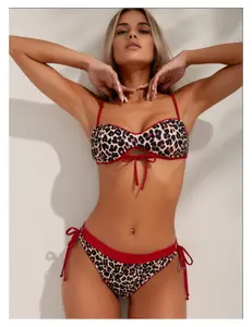 Leopard Bikini Set Women - Red Trim Two Piece Swimsuit Sexy Valentine's Day Bathing Suit; Push Up Padded Halter Top with High Waist Bottoms for Beach Pool
