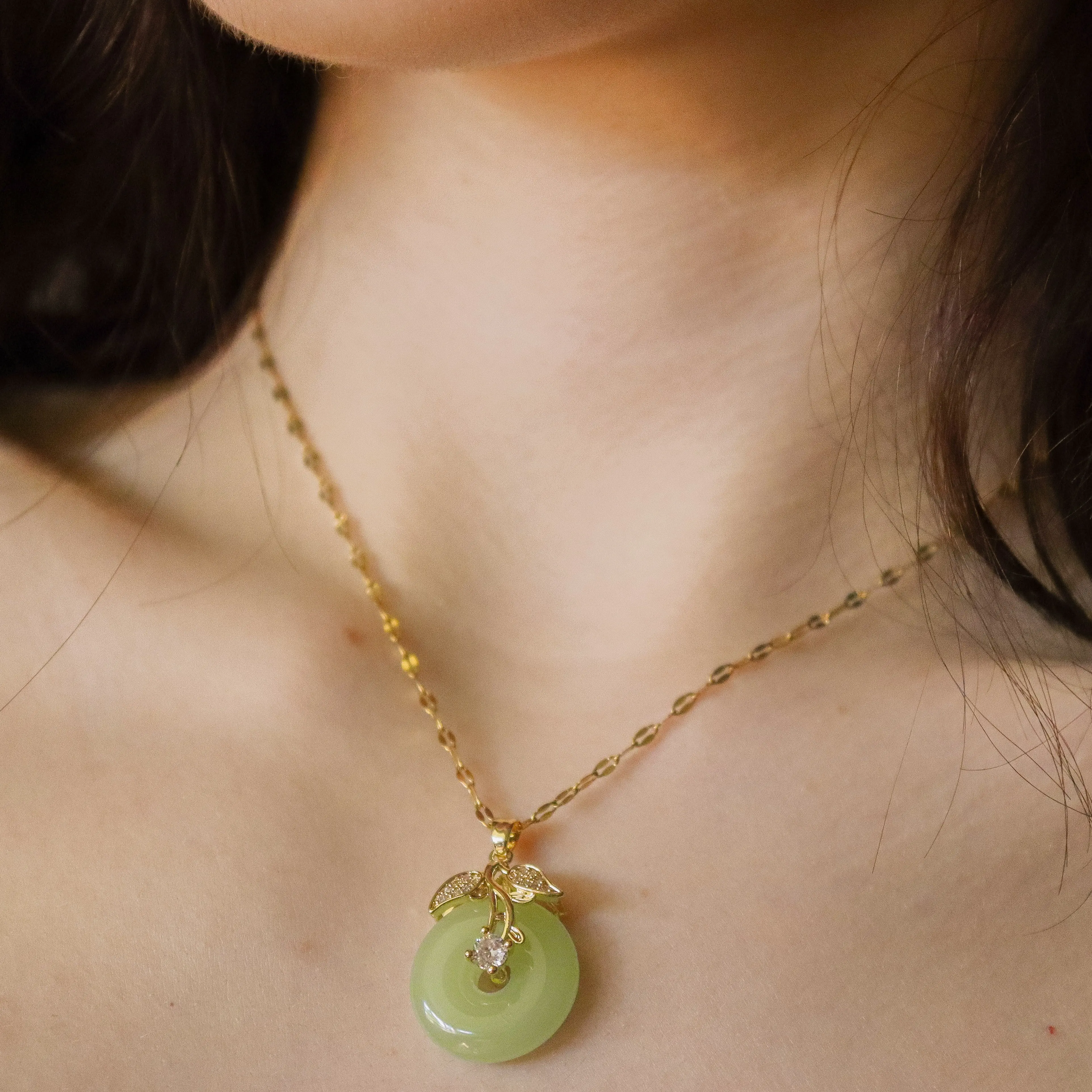 18K Gold PVD  Mint  Malay Jade Necklace - Unisex Elegant Jewelry with Delicate Leaf Design