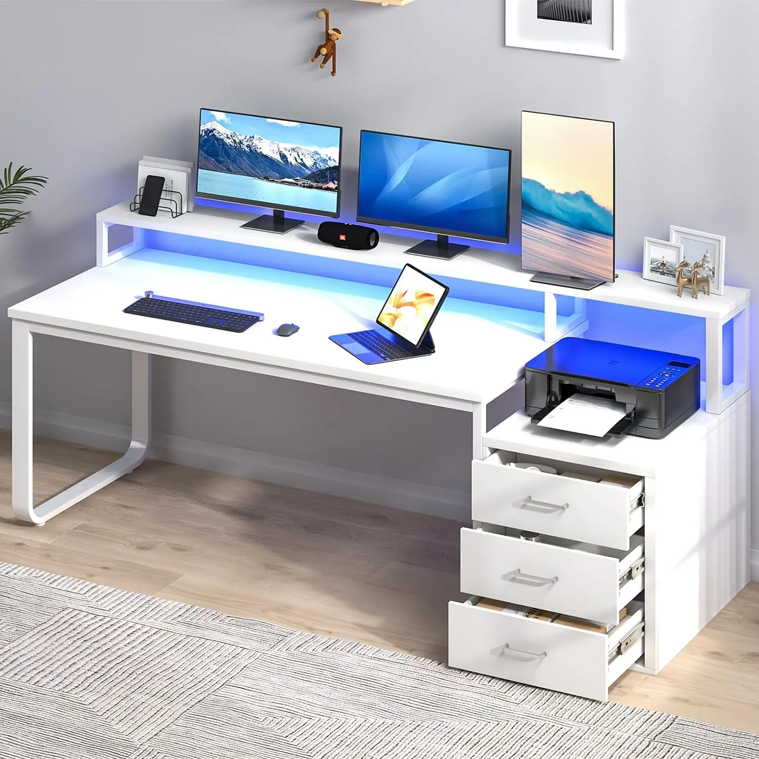 [SummerSale] HOMBCK 67”, 3 Drawers, Reversible Office Desk Computer Desk, Power Outlet and Monitor Stand, LED Strips for Bedroom，Gaming Style #home essentials#back to school