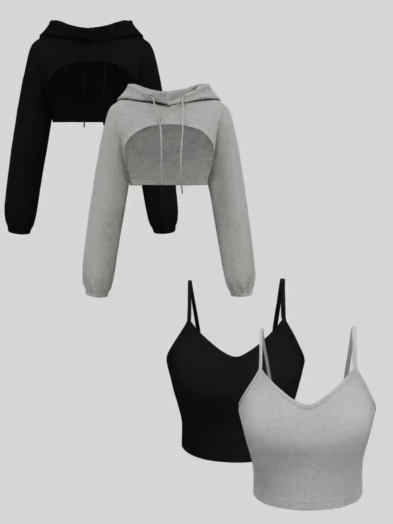 Women's Solid Ribbed Jersey Hooded Crop Hoodie & Camisole Top Set, Casual Long Sleeve & Sleeveless for Daily Wear, Ladies Clothes All Seasons, Basic, Coord Set, Versatile, Comfort, Style, Outfit, Essential