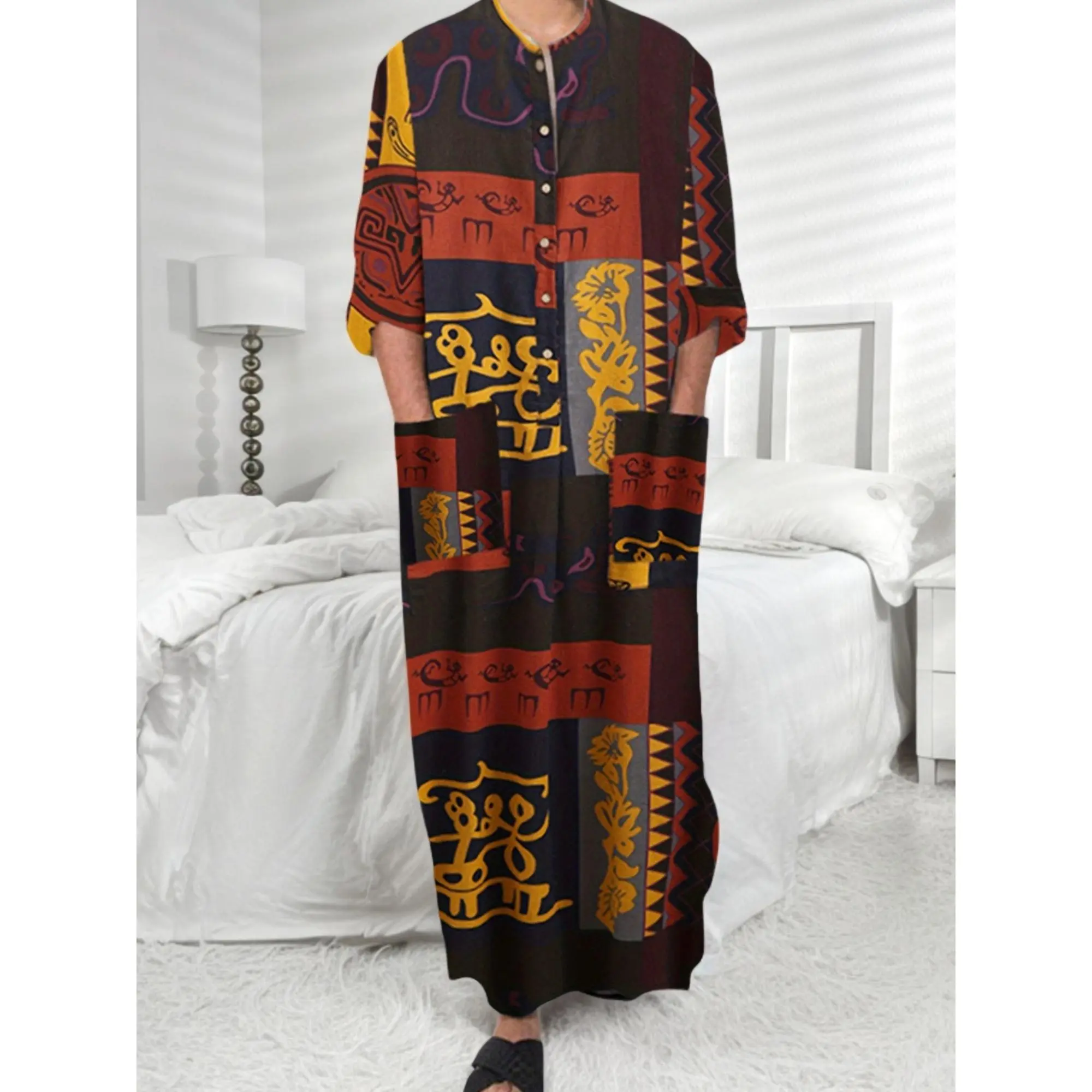Men's Pure Cotton Woven Casual Crew Neck Long Sleeve Geometric Print Muslim Thobe Kaftan Robe Set, Arab Wear with 1 Button Pocket, Machine Washable for All Seasons, Multi-Size, Loose, Xxl, No