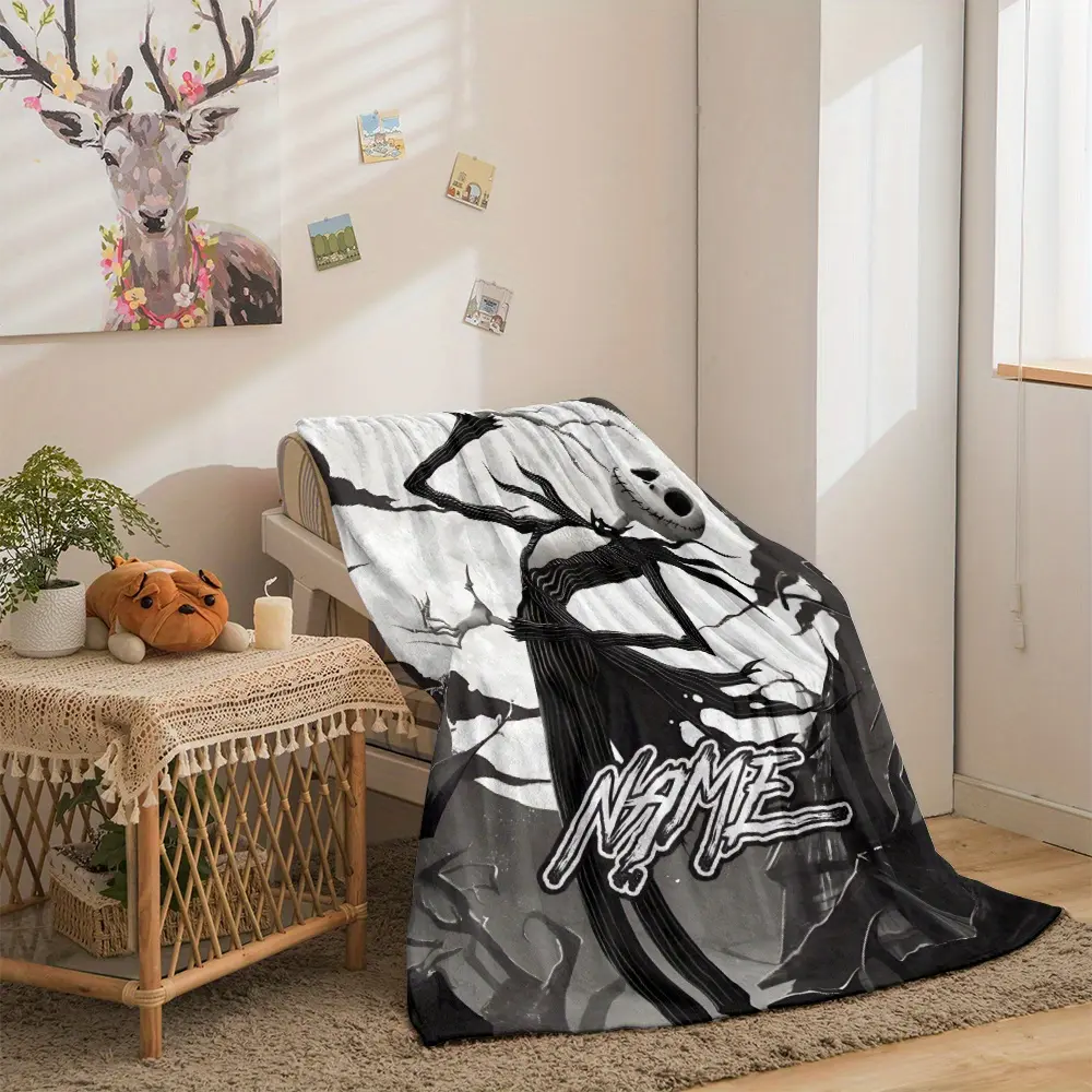 Multi-Size Customized Jack Skellington Black Flannel Throw Blanket - Soft, Warm, Lightweight for Couch, Travel - Durable Digital Print Home & Festive Decor