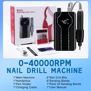 Professional Nail Drill 40000 RPM: Portable Diamond Nail Drill Kit Rechargeable Electric Nail File for Thick Acrylic Nails with Ceramic Nail D rill Bits Sanding Bands Nail Salon & Home