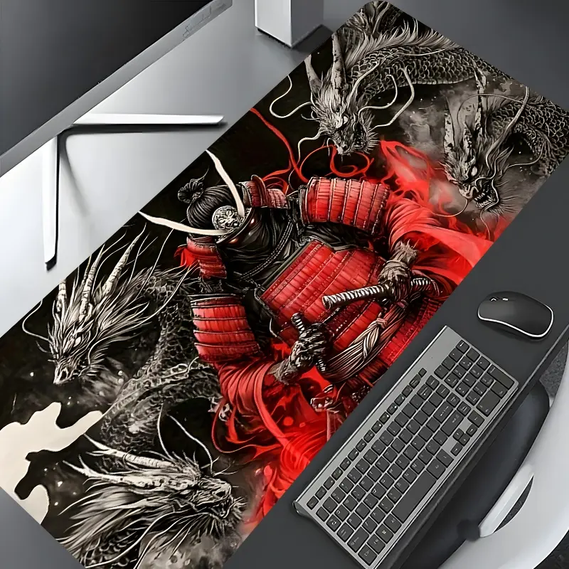 Mystical Eastern Red Samurai Dragon Design Large Gaming Mouse Pad,Aesthetic Desktop Drotection Pad,Desk Accessories,Washable Rubber Pad Non-Slip Lock Edge Multi-Size Mouse Pad Suitable For Home Office,Good Gift for Family and friends
