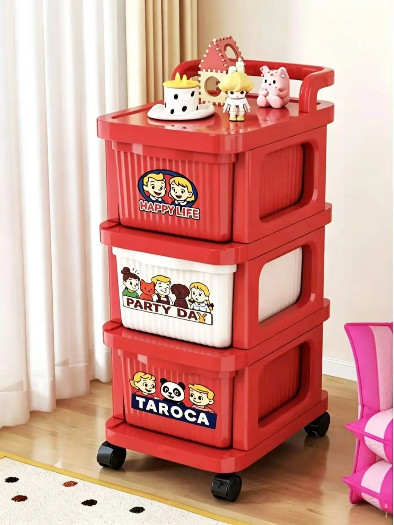 3-Tier Drawer Rolling Dopamine-Style Storage Cart with Brake Wheels, Cute DIY Sticker Thick PP Wheeled Organizer Trolley with Handle for Bedroom Snack Toy Storage Racks (Red)