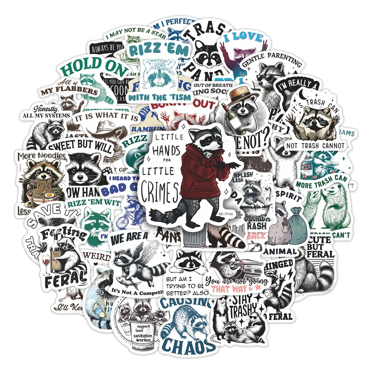 50pcs Raccoon Meme Stickers Pack, Stickers Kit, Adhesive Stickers, Stickers For Scrapbooking, Animal Scrapbook Decals, Waterproof Trash Panda Raccoon Quote Decals for Laptop, Water Bottle, Scrapbook, Raccoon Lover Gift