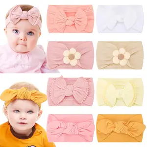 8 Pack Baby Girls Headbands with Bows Flowers Solid Stretchy Nylon Wide Celtic Knotted Headbands Soft Head Wraps for Newborn Infant Toddler Kids