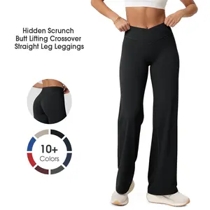 ODODOS Hidden Scrunch Butt Lifting Crossover Straight Leg Leggings for Women - No Front Seam High Waist Yoga Pants, 31"