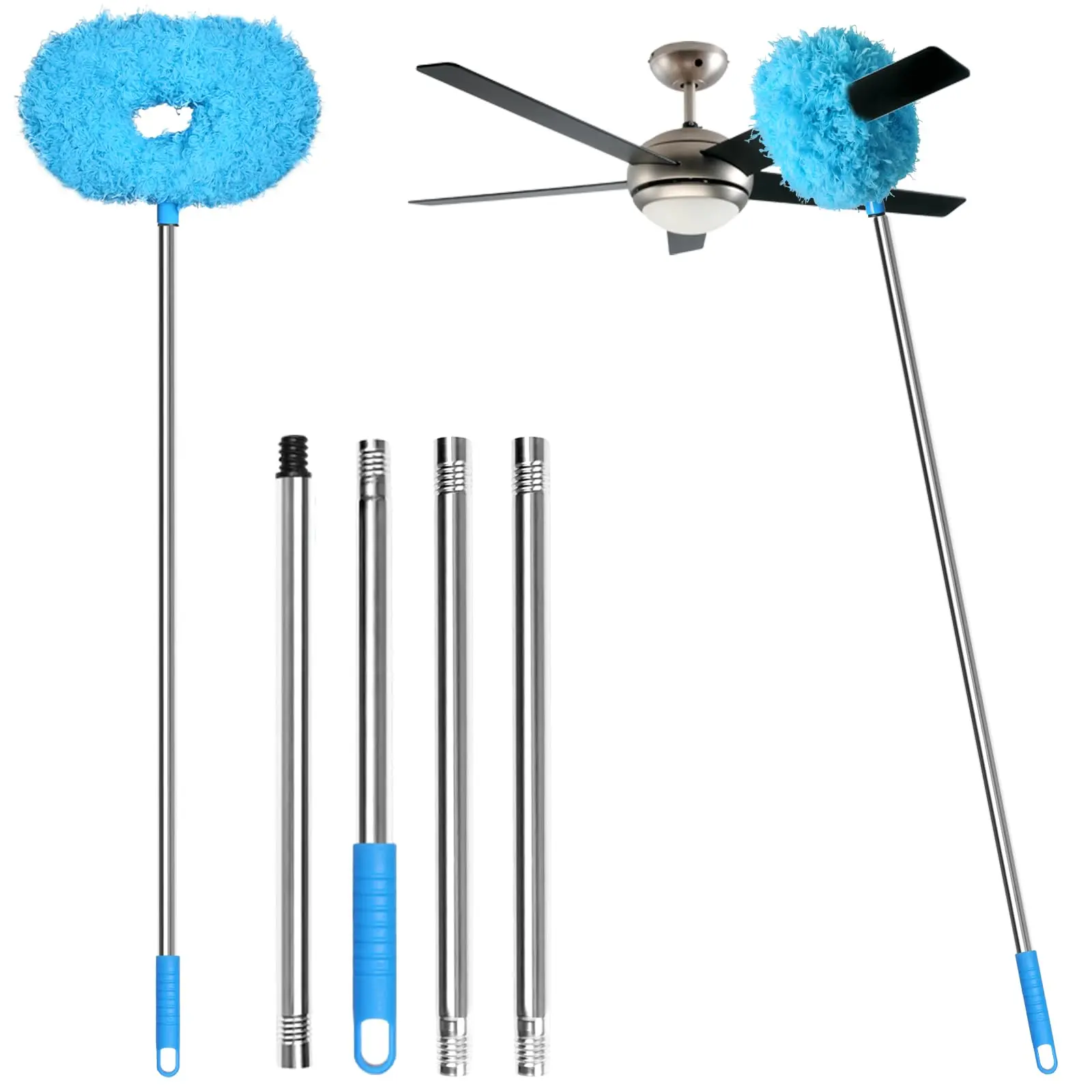 Household Reusable Blue Microfiber Duster with Adjustable Extension Pole - Lightweight Washable Eco-Friendly Allergen Remover Brush for High-Ceiling, Ceiling Fan, Wall, Door Cleaning