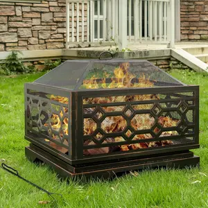 Outdoor Fire Pit, 26/32 Inch Wood Burning Fire pit for Outside with Mesh Cover & Fire Poker, Large Square Metal Fireplace for Patio, Backyard, Garden, Bonfire Party