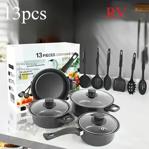 A 13-piece set of kitchen non-stick utensils, including soup pots, saucepans, and frying pans, spoons with lids, etc., for home cooking. Outdoor cooking delicacies. Cooking utensils. Cooking utensils set