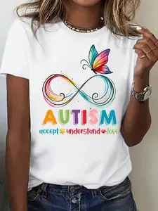 Plus Size, Autism Awareness Women's T-Shirt - Soft Stretch Fabric, Round Neck Short Sleeve, Colorful Infinity Love Design with Butterfly & Puzzle Piece Graphics, Casual Fit for All Seasons, Spring Summer Top | Casual Fit Tshirt | Blend