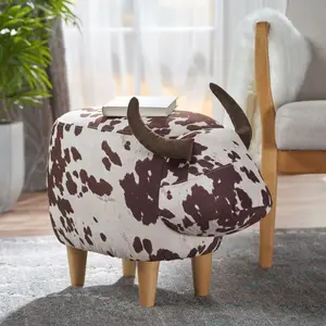 25.25*14*16.75 Inch Cute Cow Shaped Ottoman, Brown White Cow Print Fabric Footrest with Velvet Covered Horns and Birch Wood Legs, Compact Space-Saving Multifunctional Decorative Stool for Indoor Outdoor Living Room Bedroom Balcony