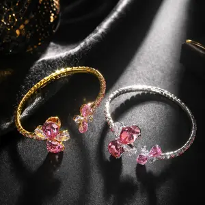 Pink Crystal Flower Open Bangle Bracelet for Women | Shiny Rhinestone Bridal Wedding Jewelry Gift