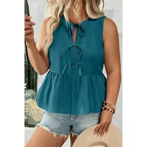 Blue Sapphire Plus Size Solid Color Bow Tie Peplum Tank Top
