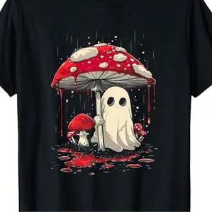 Mens Spooky Ghost Mushroom Halloween Short-Sleeve Round Neck Casual T-Shirt, Menswear Festive Celebration Top