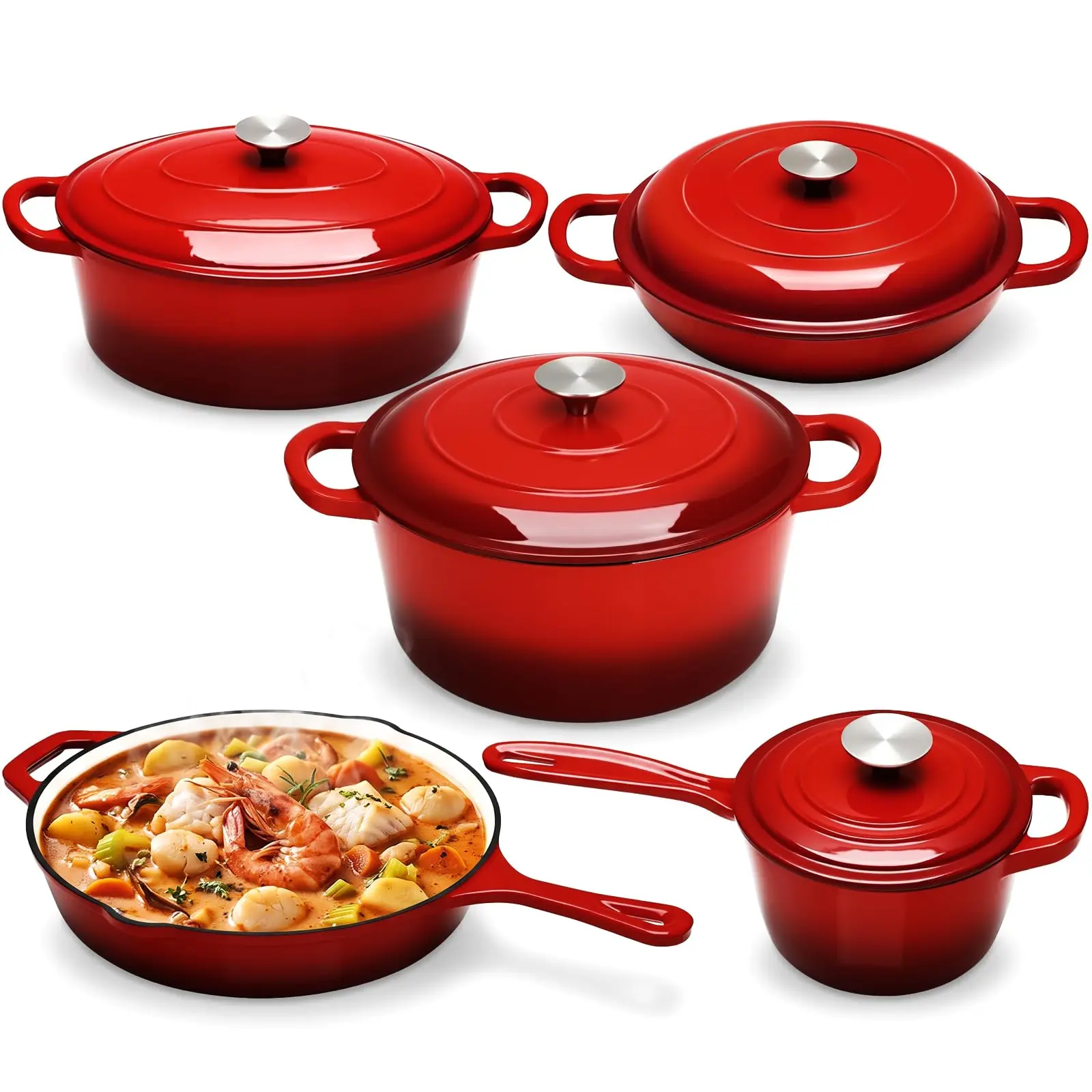 TLGREEN 9Pcs Enameled Cast Iron Pots and Pans Set - 2 Dutch Ovens, Saucepan, Braiser, Skillet, 4 Lids - Oven Safe to 500°F, Compatible with Gas, Electric & Induction, PFOA & PFAS Free