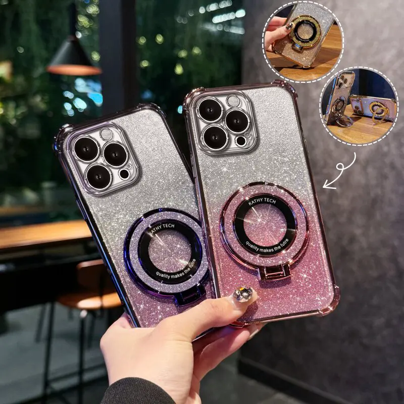 Suitable for [iPhone 13 Pro] high-end phone case🥰,Electroplated Luxury Sparkly Glitter Phone Case with Ring Stand Holder 4-Corner Shockproof Camera Protective Cover 952