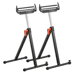 VEVOR 2-Pack Roller Stands, 250 lbs Load Capacity, 27-43 in Adjustable Height, Folding Heavy Duty with Polished Steel Roller Head & Edge Guides, for Table Saw Outfeed Woodworking Extension Support
