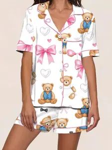 Cute Spring Summer Women's Matching Pajama Set with Cardigan, All over Bear Print and Bow, Comfy Homewear for Relaxation, Fitted Nightwear Loungewear Womenswear Pyjamas Pjs