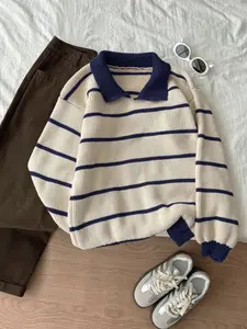Autumn Winter Striped Polo Neck Long Sleeve Pullover Sweater, Fashionable Lazy Casual Loose Fit Knitwear, Versatile Style